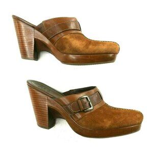 Cole Haan Brown Suede/Leather High Heeled Clogs Buckle Accent Womens Size 7.5 B